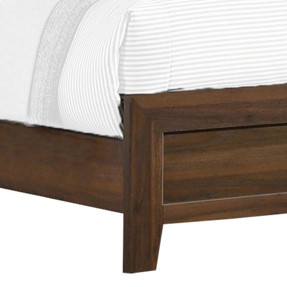 Benjara Shannon Full Bed with Nailhead Trim, Ivory Fabric on Cherry Brown Wood