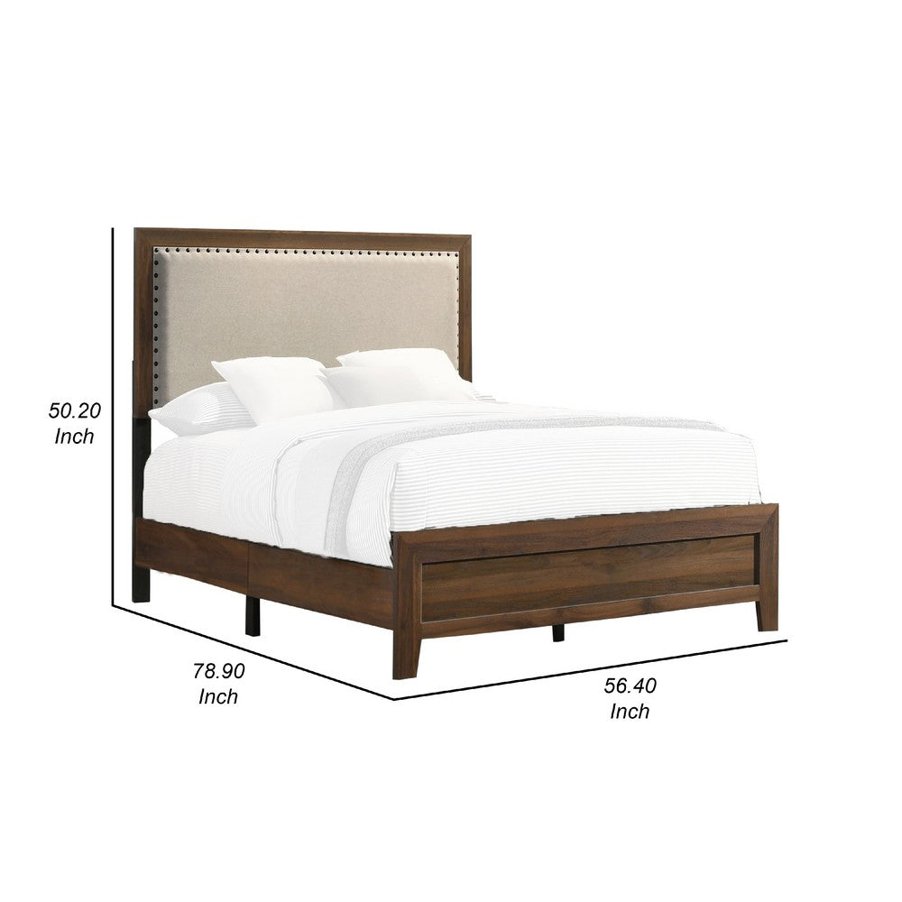 Benjara Shannon Full Bed with Nailhead Trim, Ivory Fabric on Cherry Brown Wood