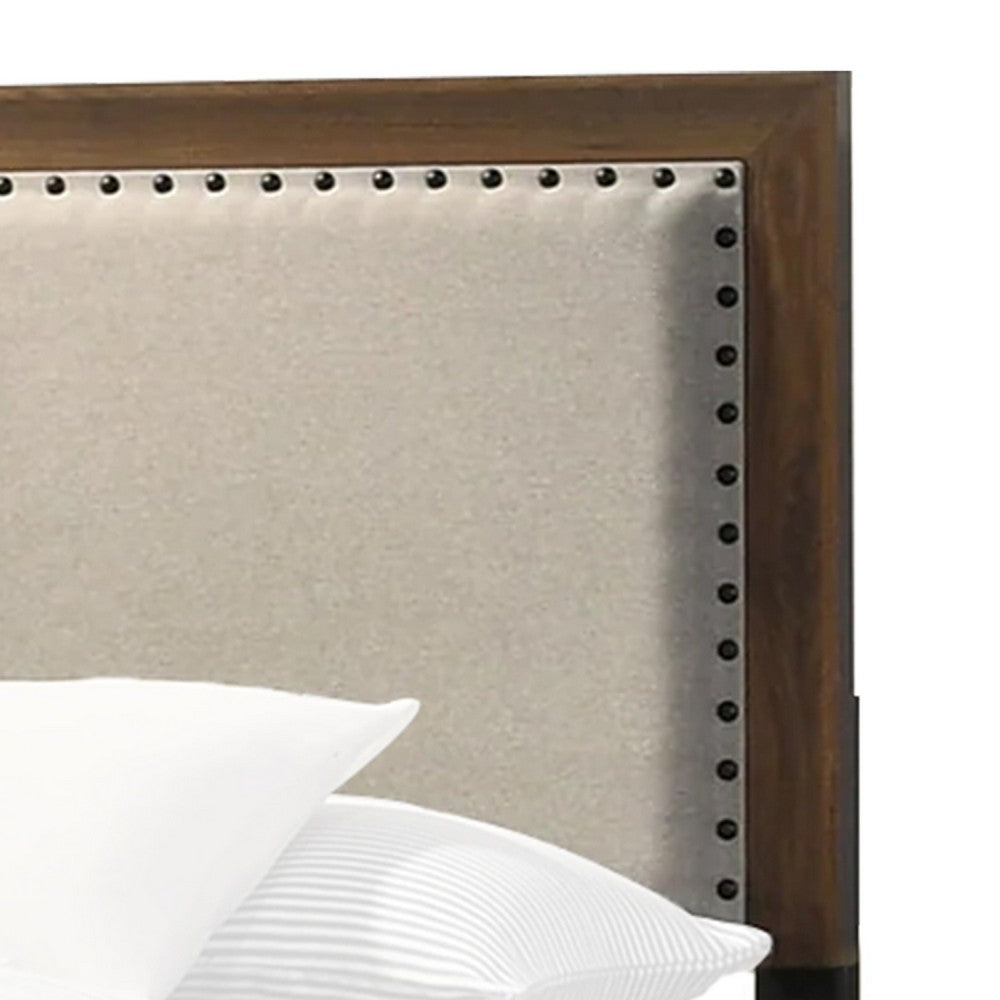 Benjara Shannon King Bed with Nailhead Trim, Ivory Fabric on, Cherry Brown Wood
