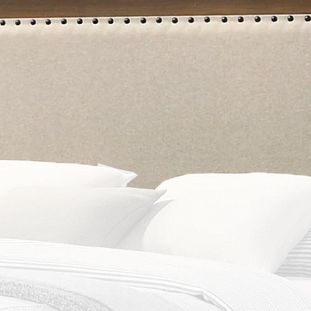 Benjara Shannon King Bed with Nailhead Trim, Ivory Fabric on, Cherry Brown Wood