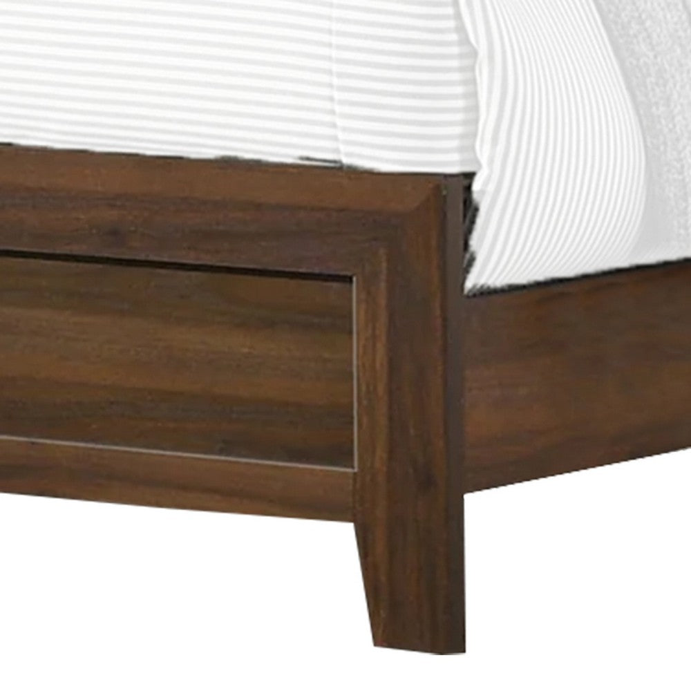 Benjara Shannon King Bed with Nailhead Trim, Ivory Fabric on, Cherry Brown Wood