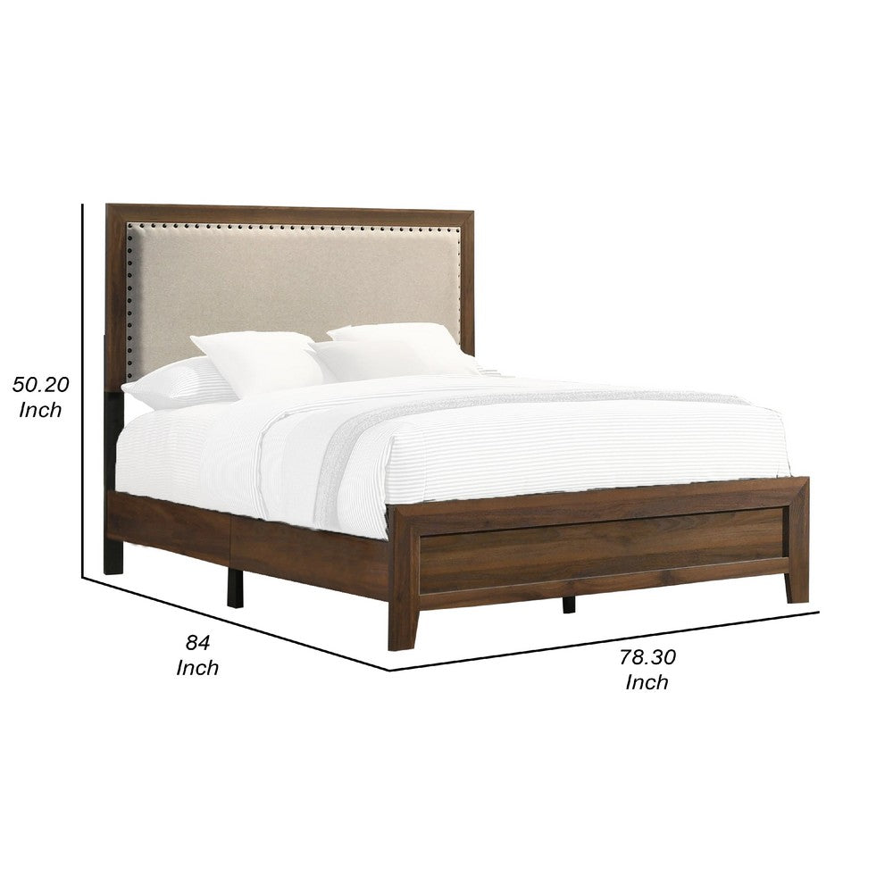 Benjara Shannon King Bed with Nailhead Trim, Ivory Fabric on, Cherry Brown Wood