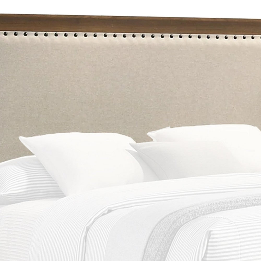 Benjara Shannon Queen Bed with Nailhead Trim, Ivory Fabric on Cherry Brown Wood