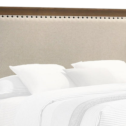 Benjara Shannon Queen Bed with Nailhead Trim, Ivory Fabric on Cherry Brown Wood