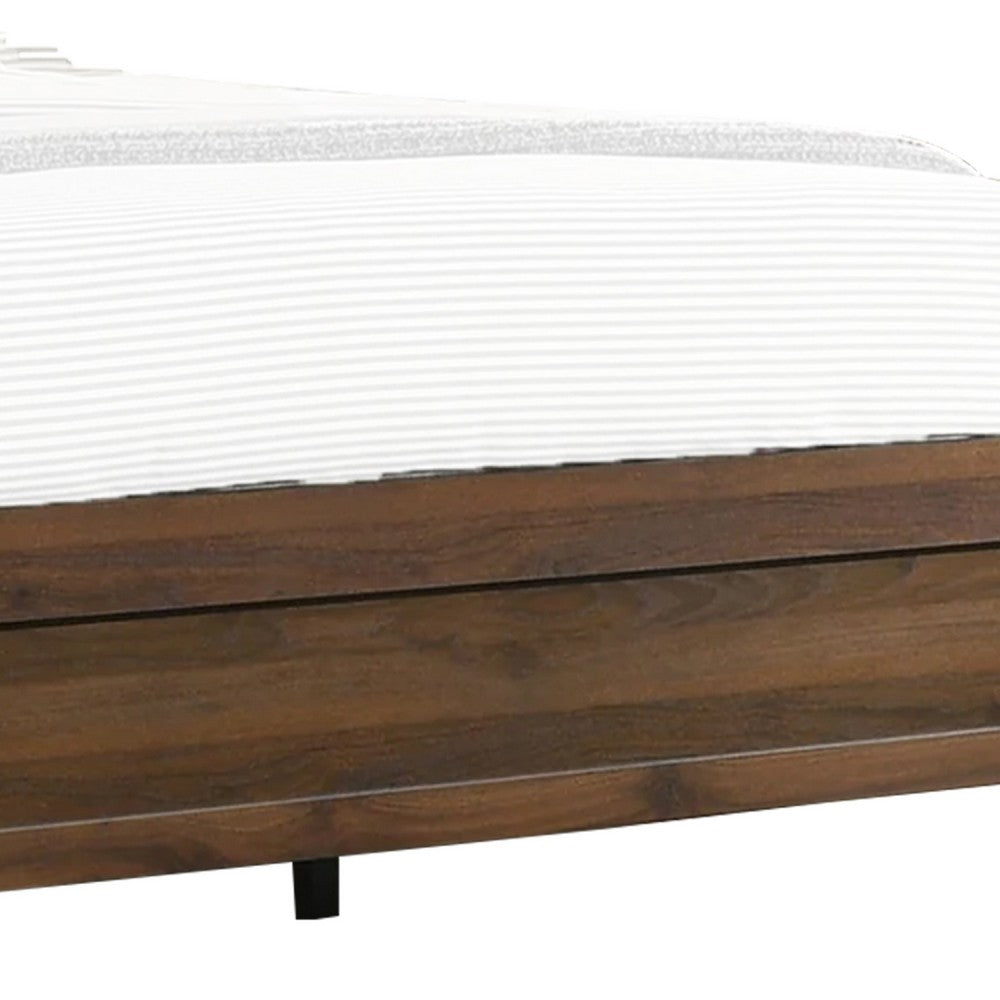 Benjara Shannon Queen Bed with Nailhead Trim, Ivory Fabric on Cherry Brown Wood