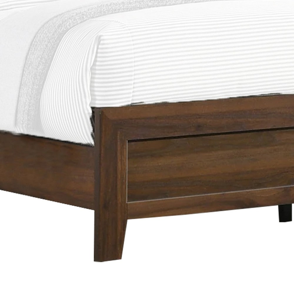 Benjara Shannon Queen Bed with Nailhead Trim, Ivory Fabric on Cherry Brown Wood