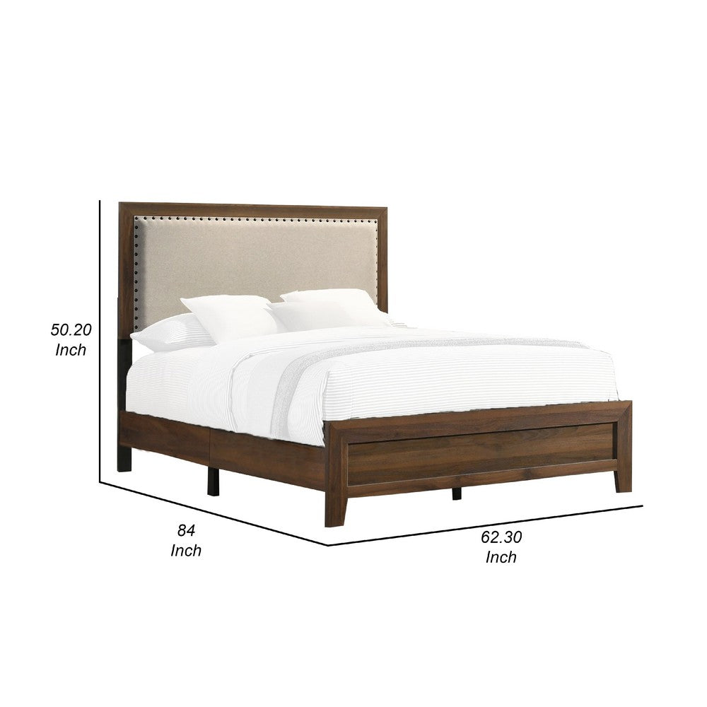 Benjara Shannon Queen Bed with Nailhead Trim, Ivory Fabric on Cherry Brown Wood