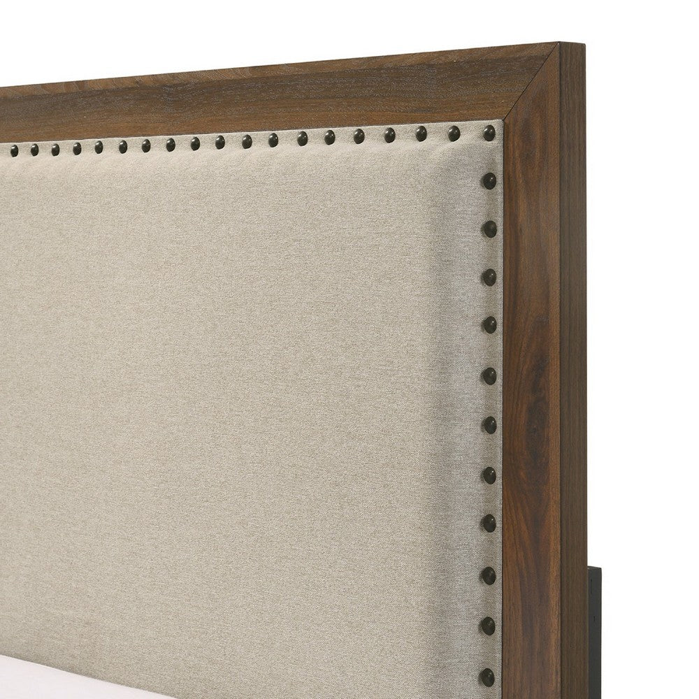 Benjara Shannon Twin Bed with Nailhead Trim, Ivory Fabric on Cherry Brown Wood