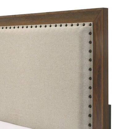 Benjara Shannon Twin Bed with Nailhead Trim, Ivory Fabric on Cherry Brown Wood