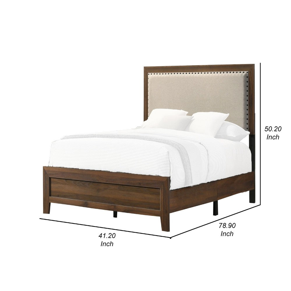 Benjara Shannon Twin Bed with Nailhead Trim, Ivory Fabric on Cherry Brown Wood