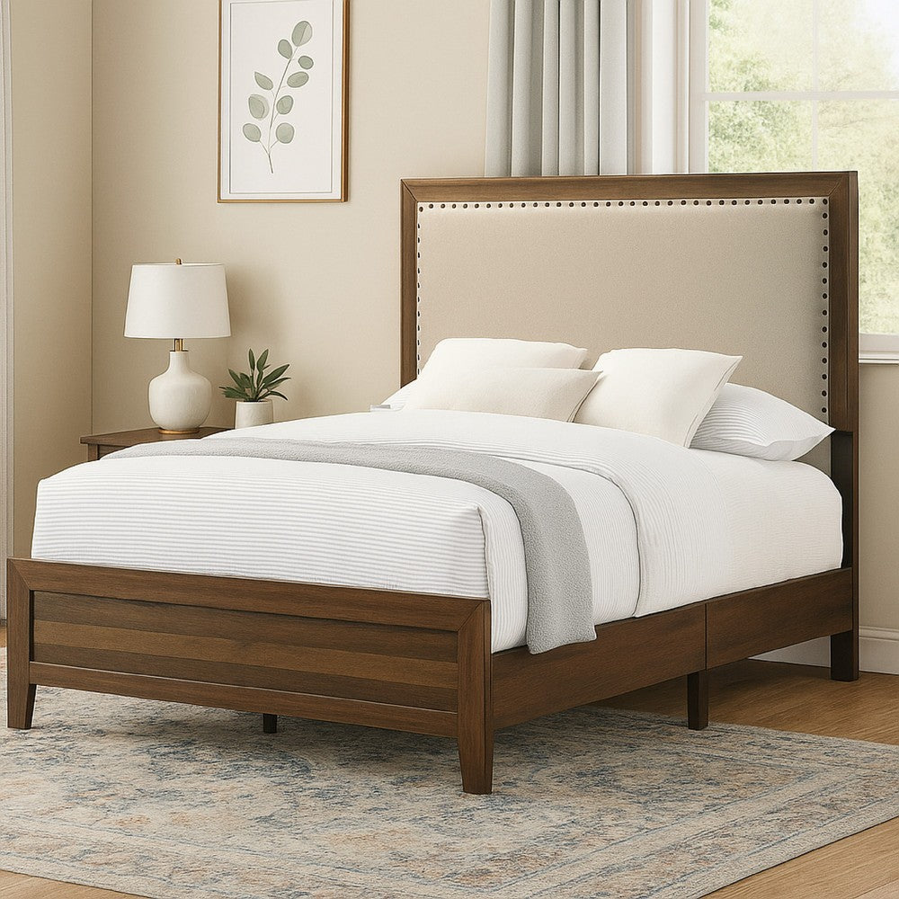Benjara Shannon Twin Bed with Nailhead Trim, Ivory Fabric on Cherry Brown Wood