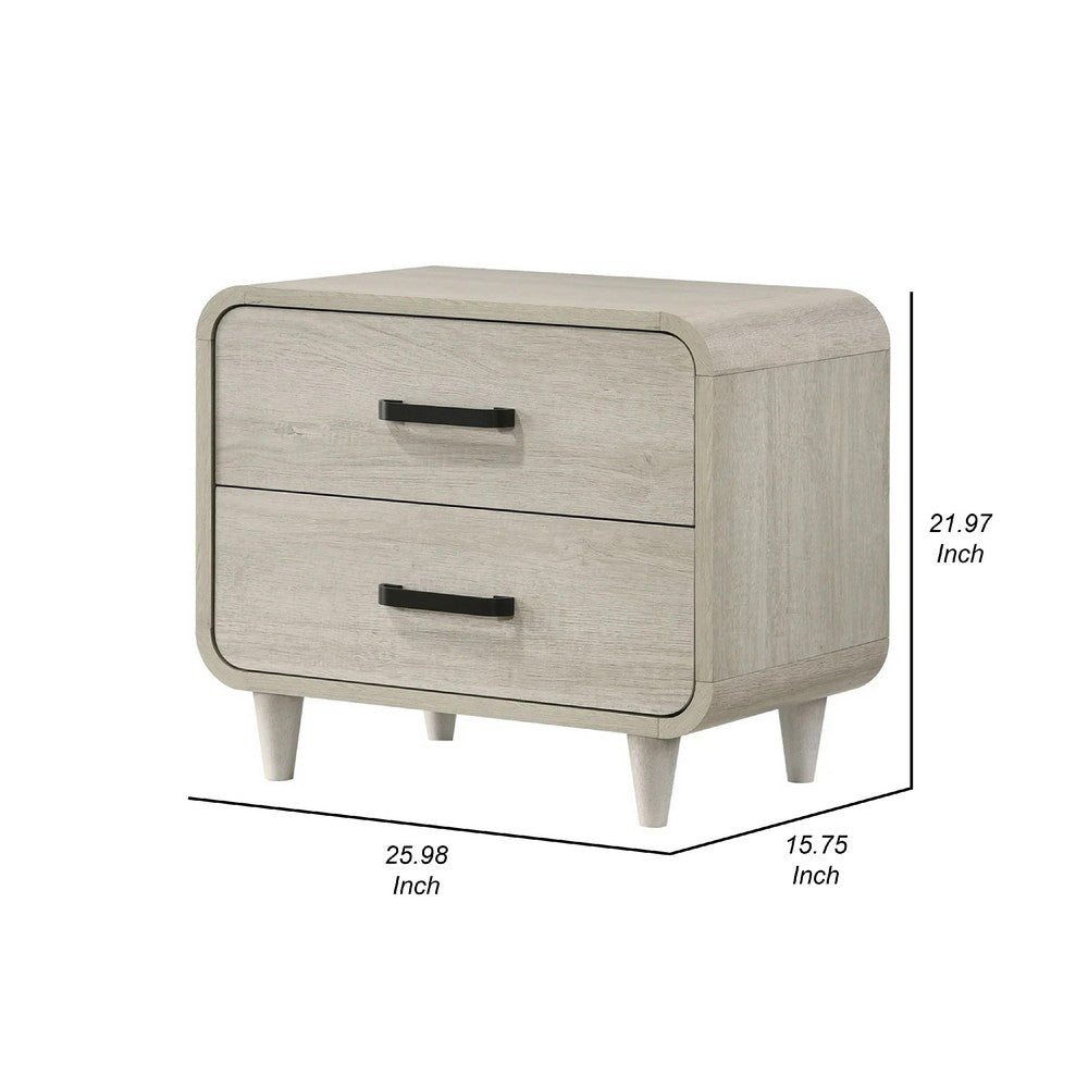 Benjara Meni Nightstand, 2 Drawers, Black Metal Handles, Scandinavian White