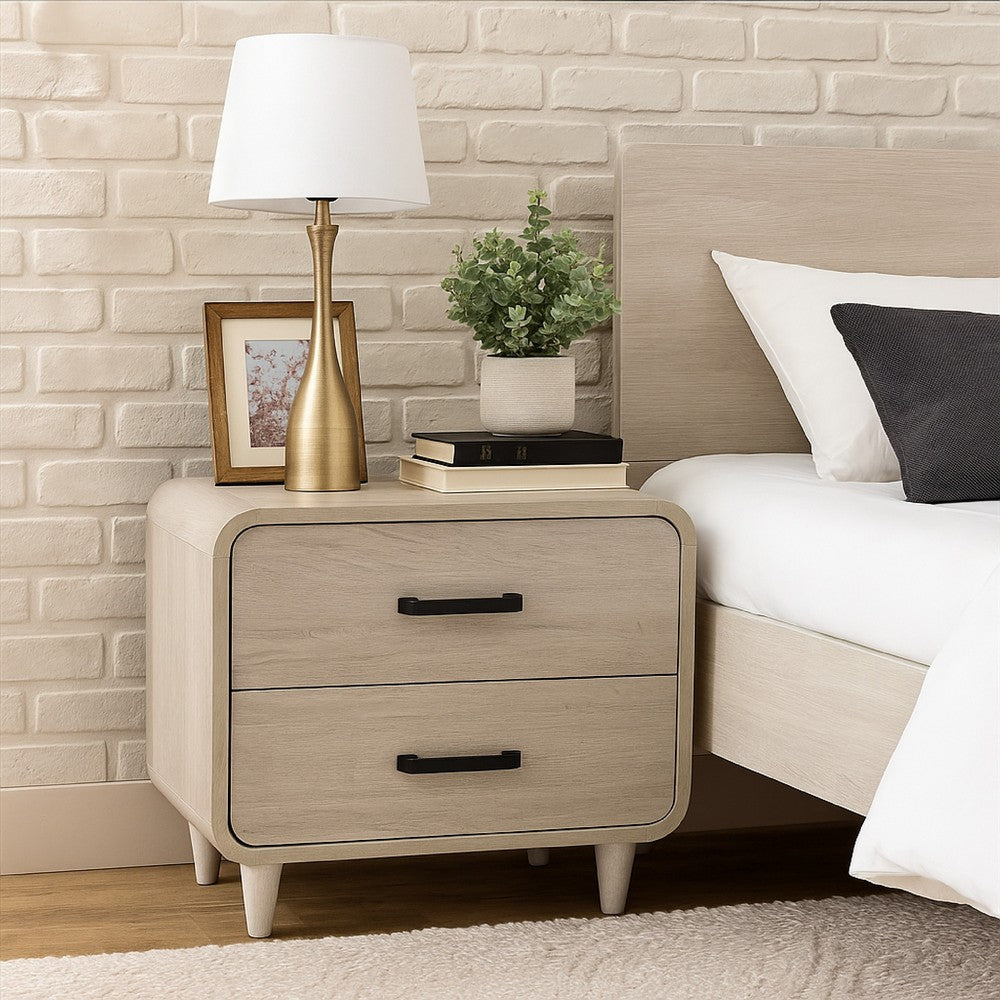 Benjara Meni Nightstand, 2 Drawers, Black Metal Handles, Scandinavian White