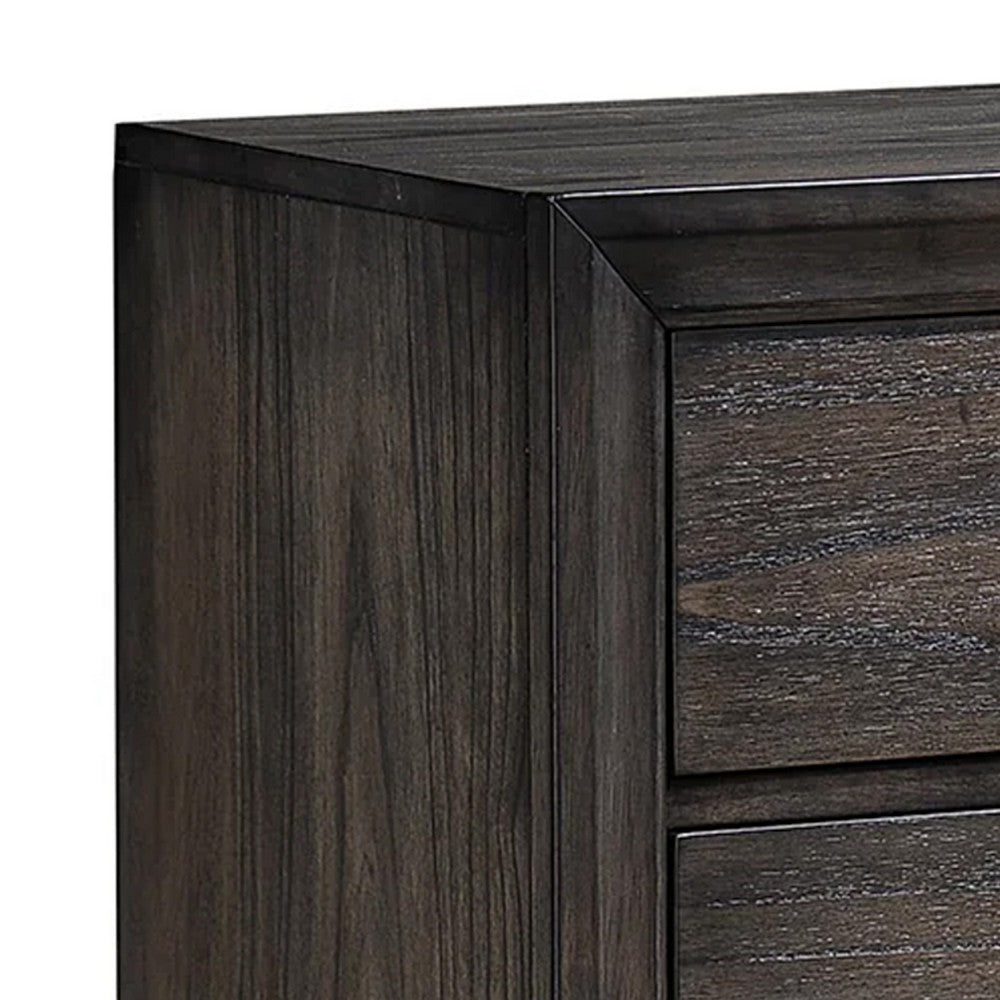 Benjara Jeni Nightstand, 3 Drawers, Chrome Metal Handles, Rustic Dark Gray