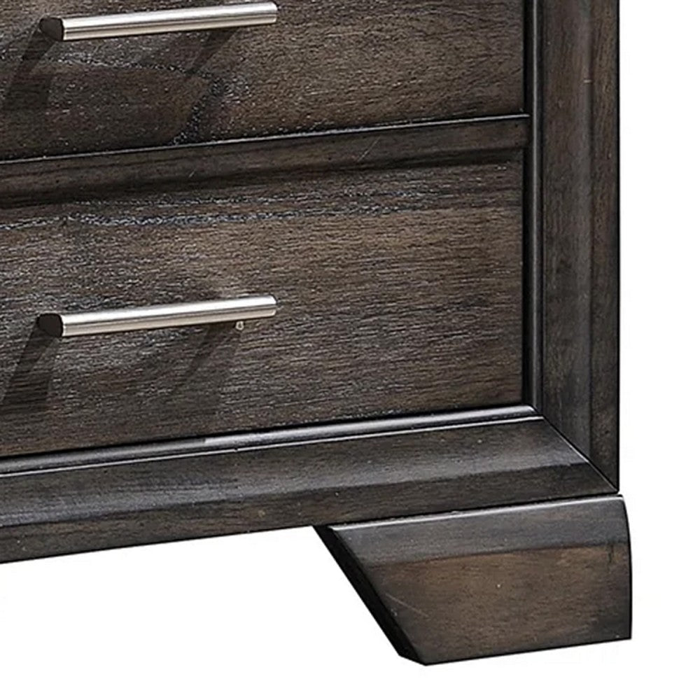 Benjara Jeni Nightstand, 3 Drawers, Chrome Metal Handles, Rustic Dark Gray