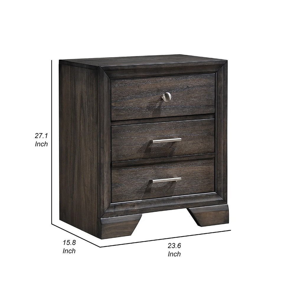 Benjara Jeni Nightstand, 3 Drawers, Chrome Metal Handles, Rustic Dark Gray