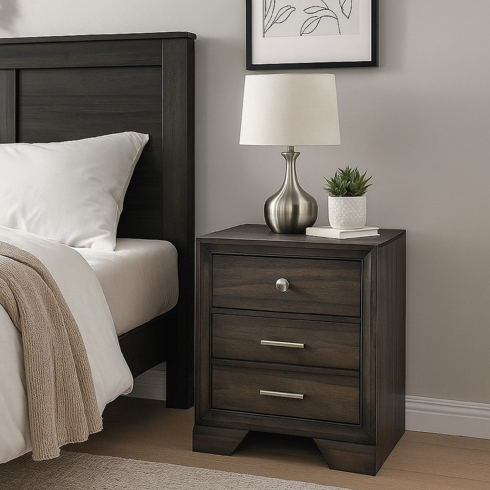 Benjara Jeni Nightstand, 3 Drawers, Chrome Metal Handles, Rustic Dark Gray
