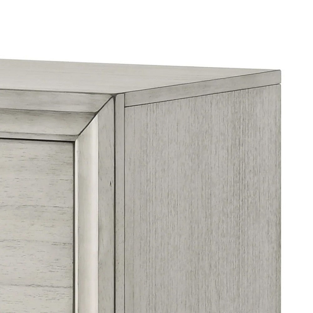 Benjara Jeni Nightstand, 2 Drawers, Chrome Handles, Rustic White Mist