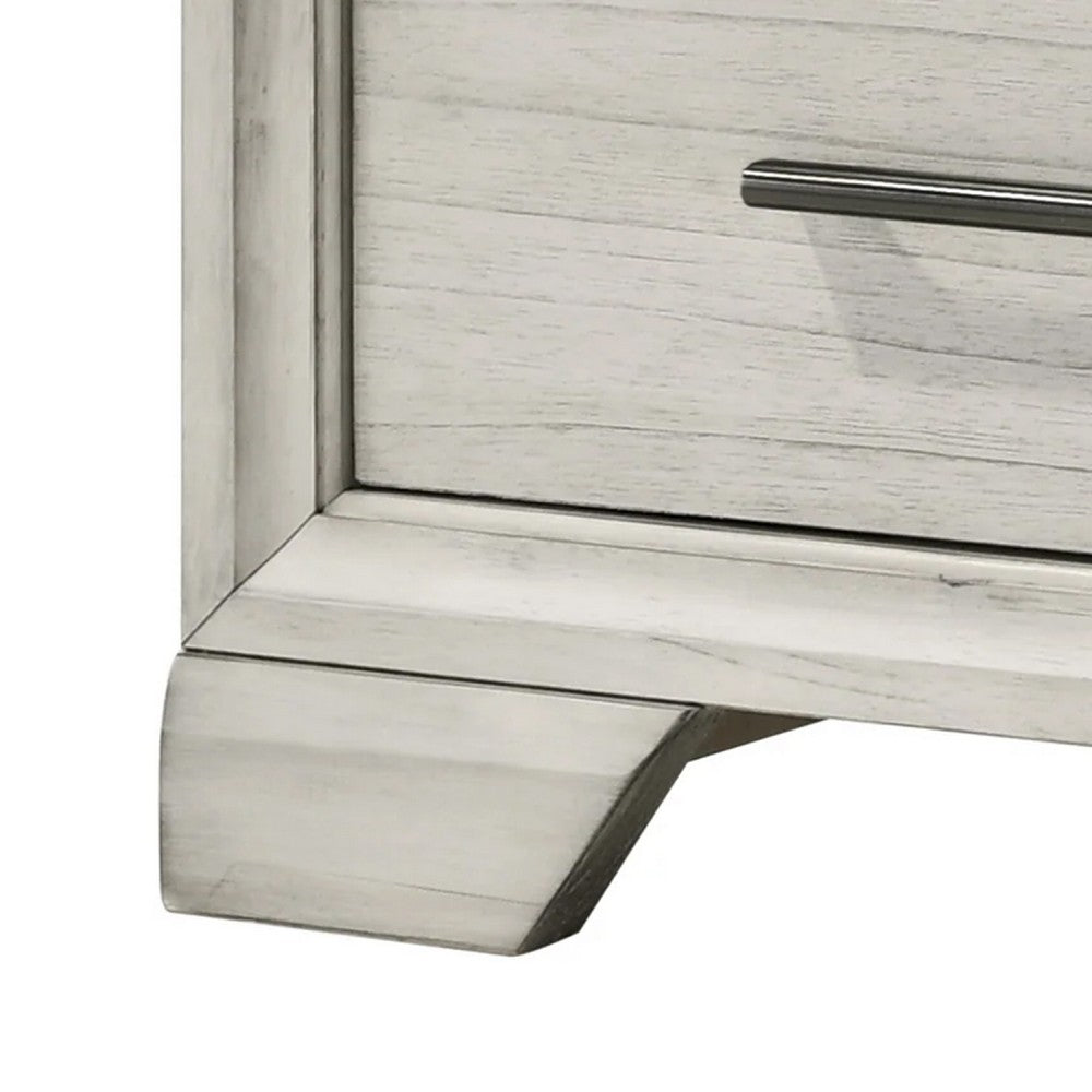 Benjara Jeni Nightstand, 2 Drawers, Chrome Handles, Rustic White Mist