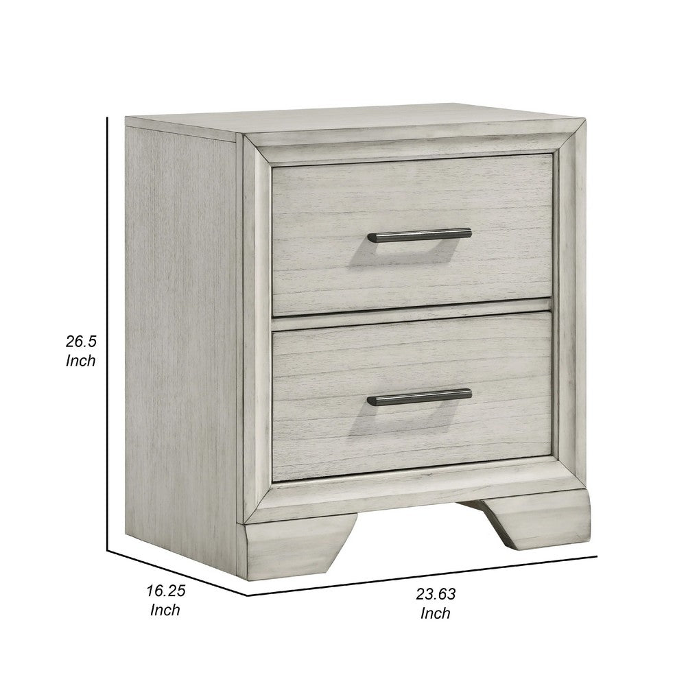 Benjara Jeni Nightstand, 2 Drawers, Chrome Handles, Rustic White Mist