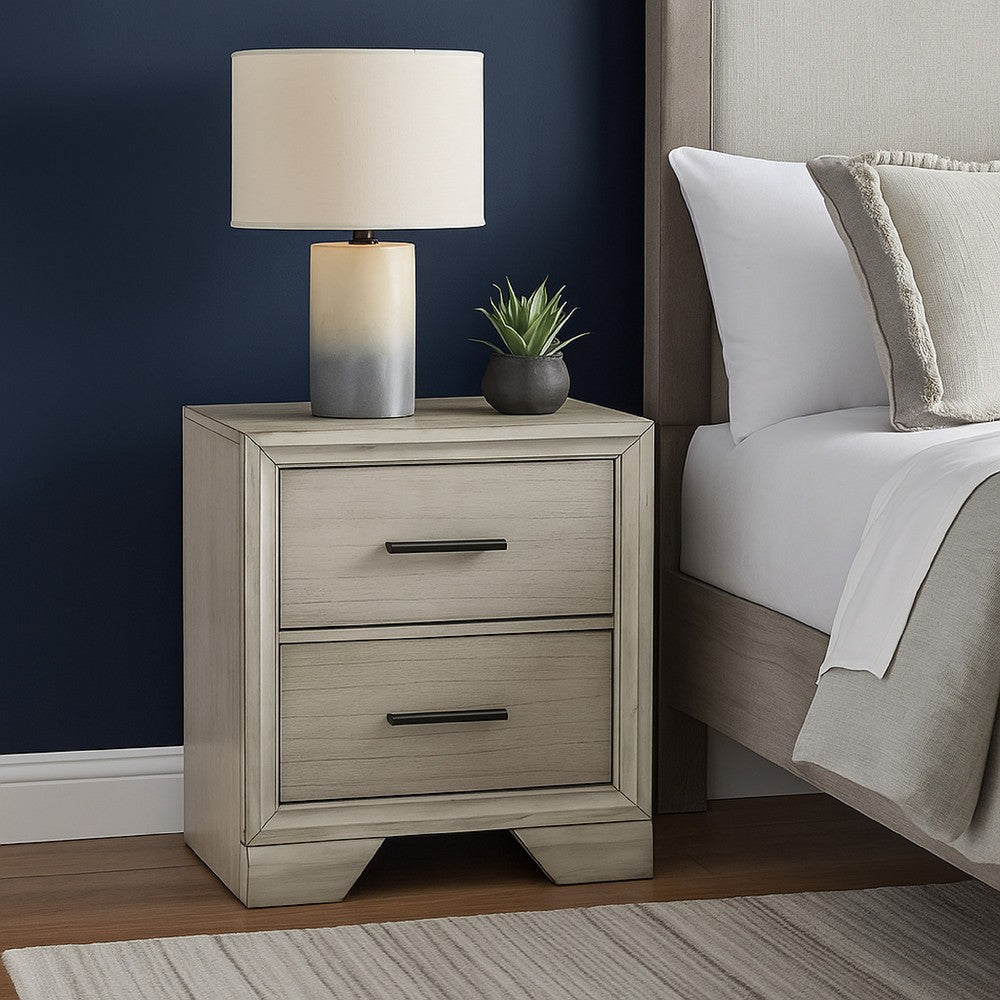 Benjara Jeni Nightstand, 2 Drawers, Chrome Handles, Rustic White Mist