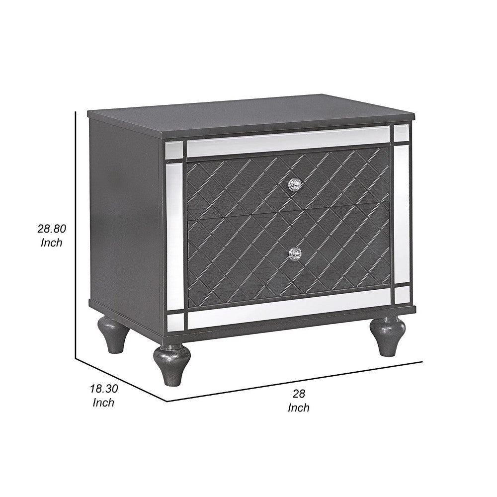 Benjara Reff Nightstand, 2 French Dovetail Drawers, Crystal Knobs, Gray