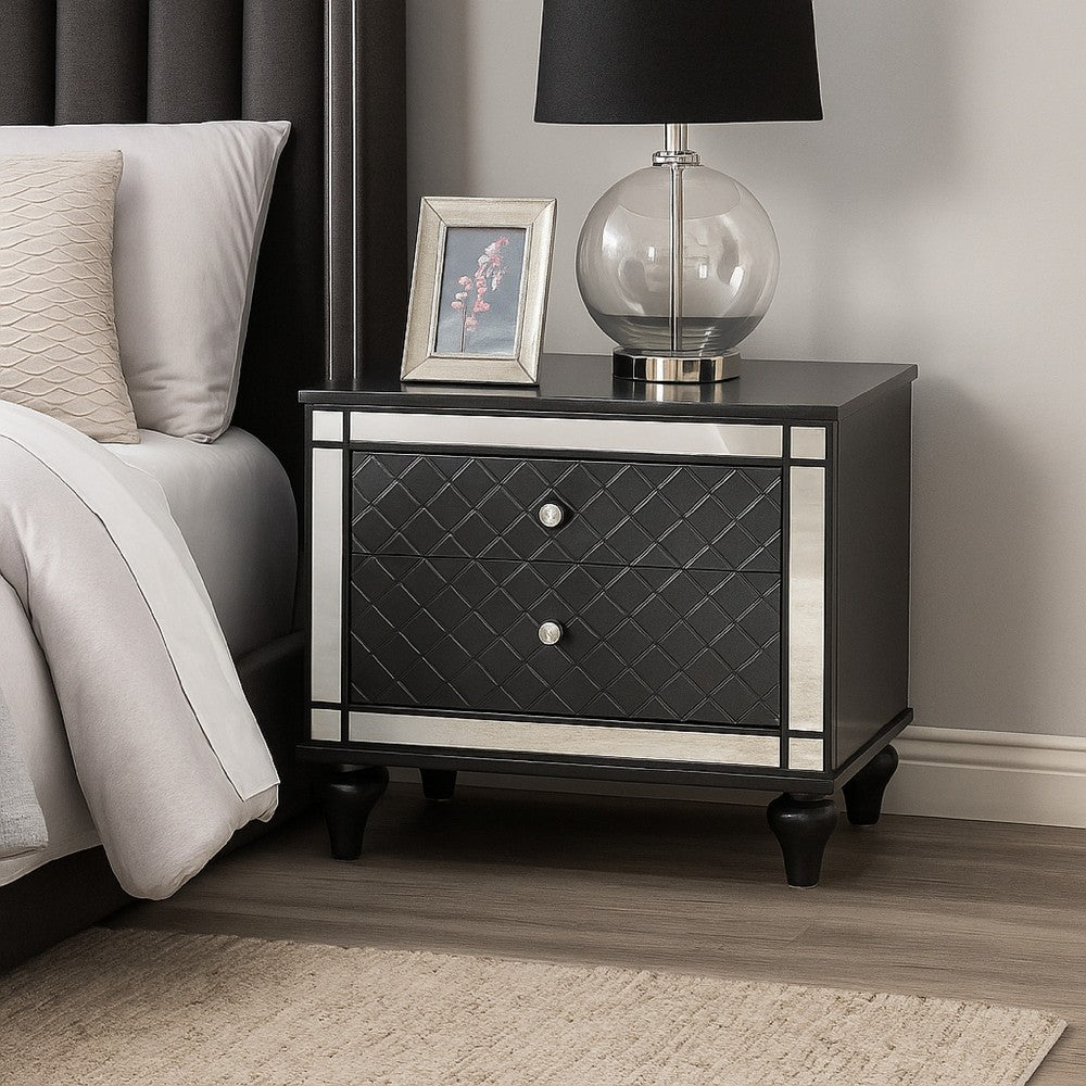 Benjara Reff Nightstand, 2 French Dovetail Drawers, Crystal Knobs, Gray