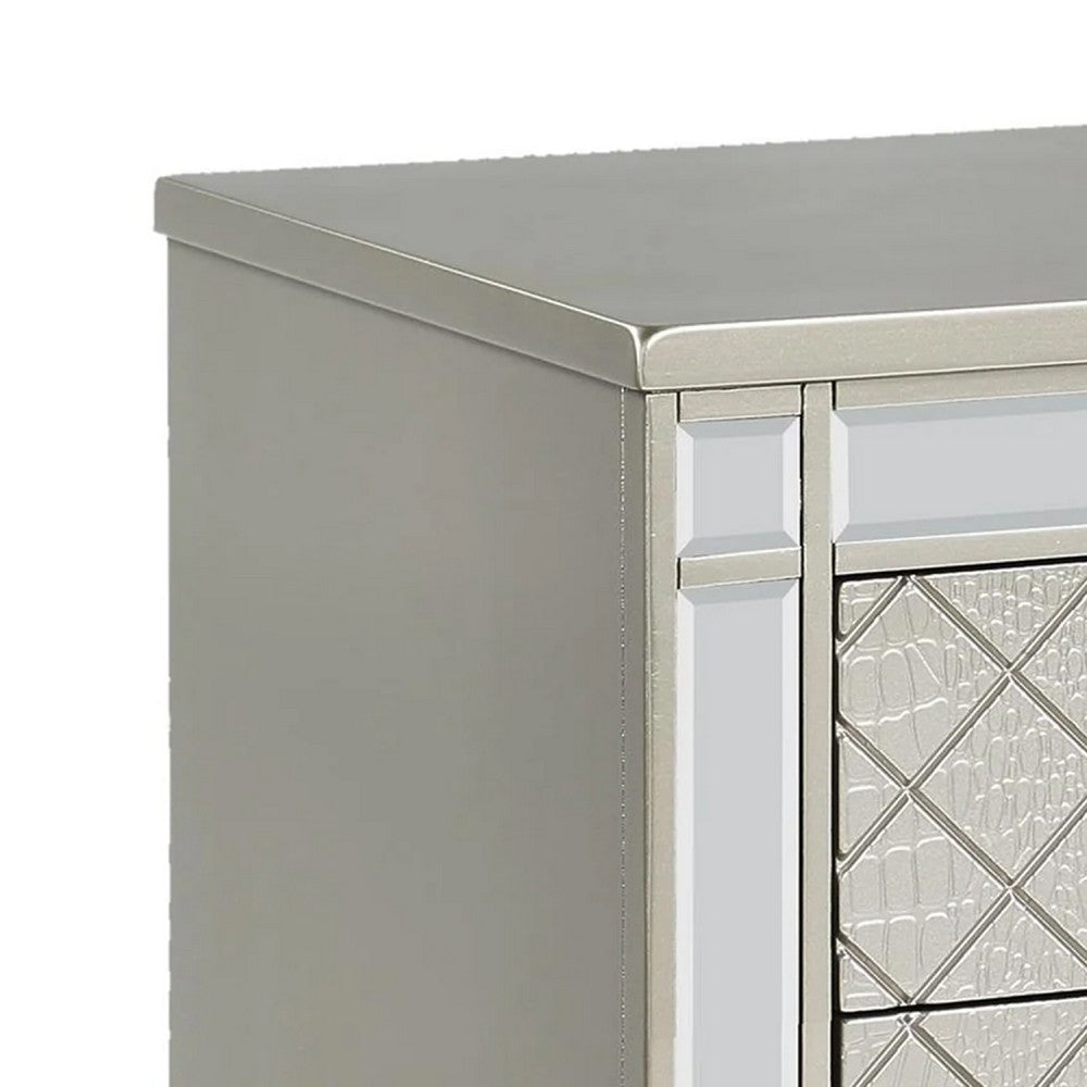 Benjara Cristo Nightstand, 2 Dovetail Drawers, Crystal Knobs, Champagne Silver