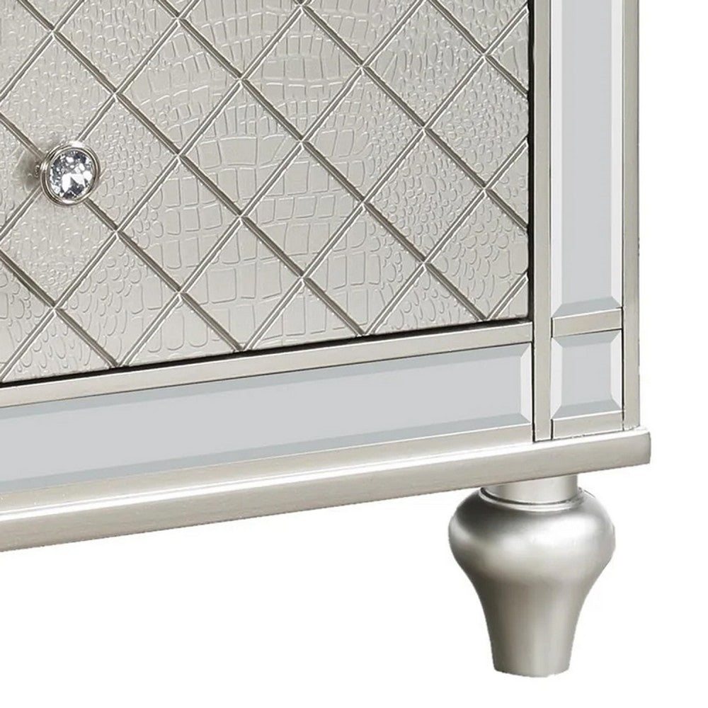 Benjara Cristo Nightstand, 2 Dovetail Drawers, Crystal Knobs, Champagne Silver