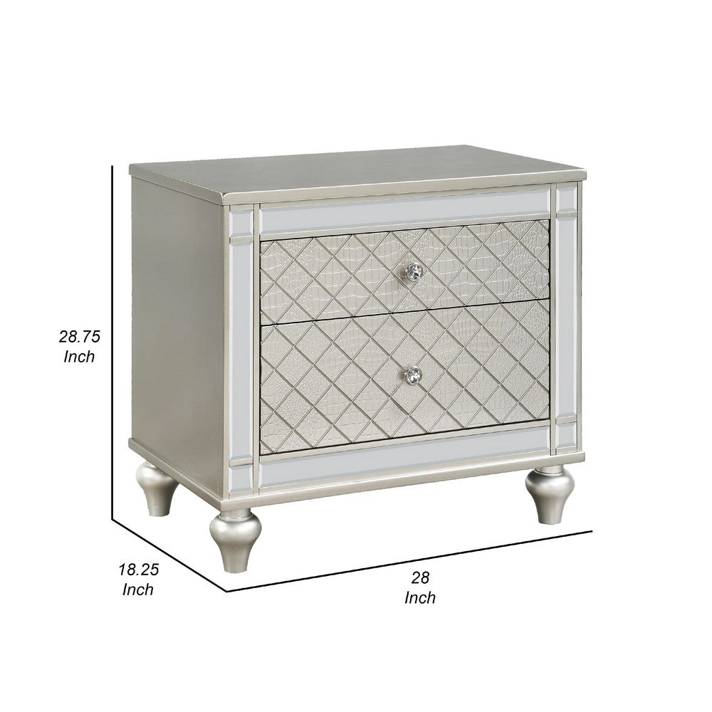 Benjara Cristo Nightstand, 2 Dovetail Drawers, Crystal Knobs, Champagne Silver
