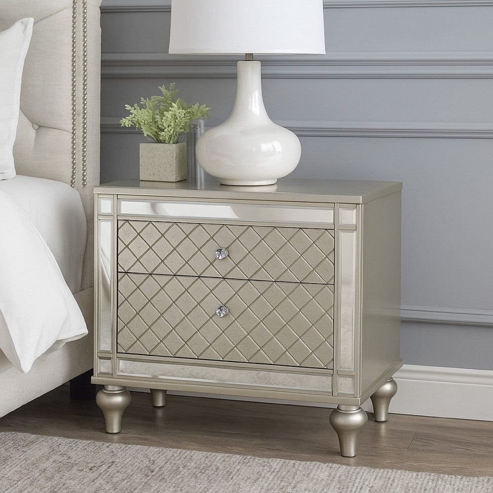 Benjara Cristo Nightstand, 2 Dovetail Drawers, Crystal Knobs, Champagne Silver