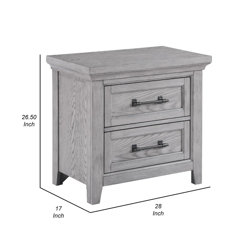 Benjara Bix Nightstand, 2 Dovetail Drawers, Bronze Handles, Light Gray