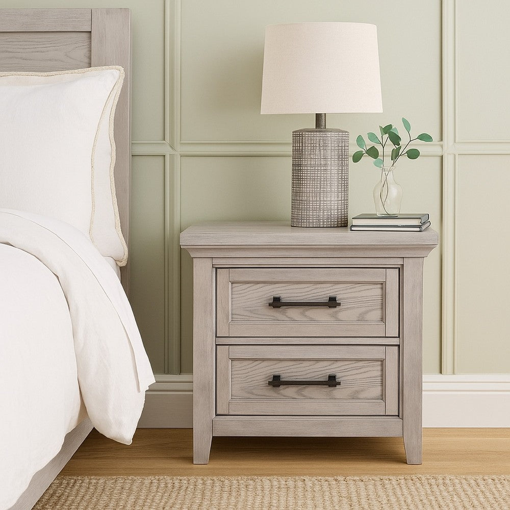 Benjara Bix Nightstand, 2 Dovetail Drawers, Bronze Handles, Light Gray