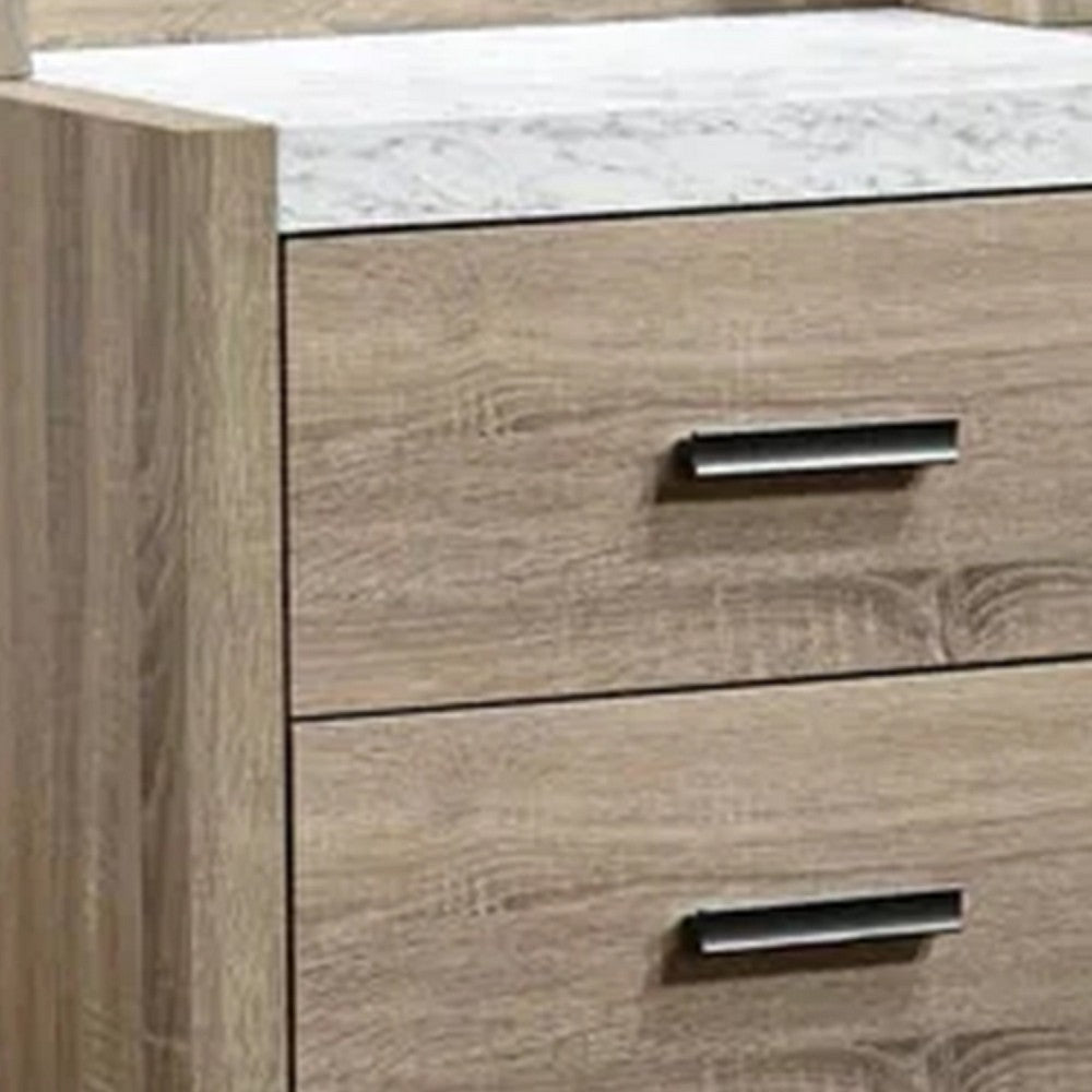 Benjara Tily Nightstand w Wall Panel, 2 Drawers, White Faux Stone Top, Brown