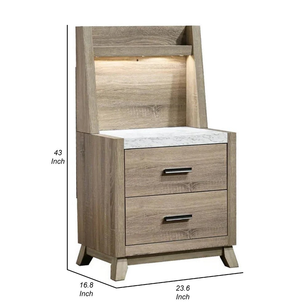 Benjara Tily Nightstand w Wall Panel, 2 Drawers, White Faux Stone Top, Brown