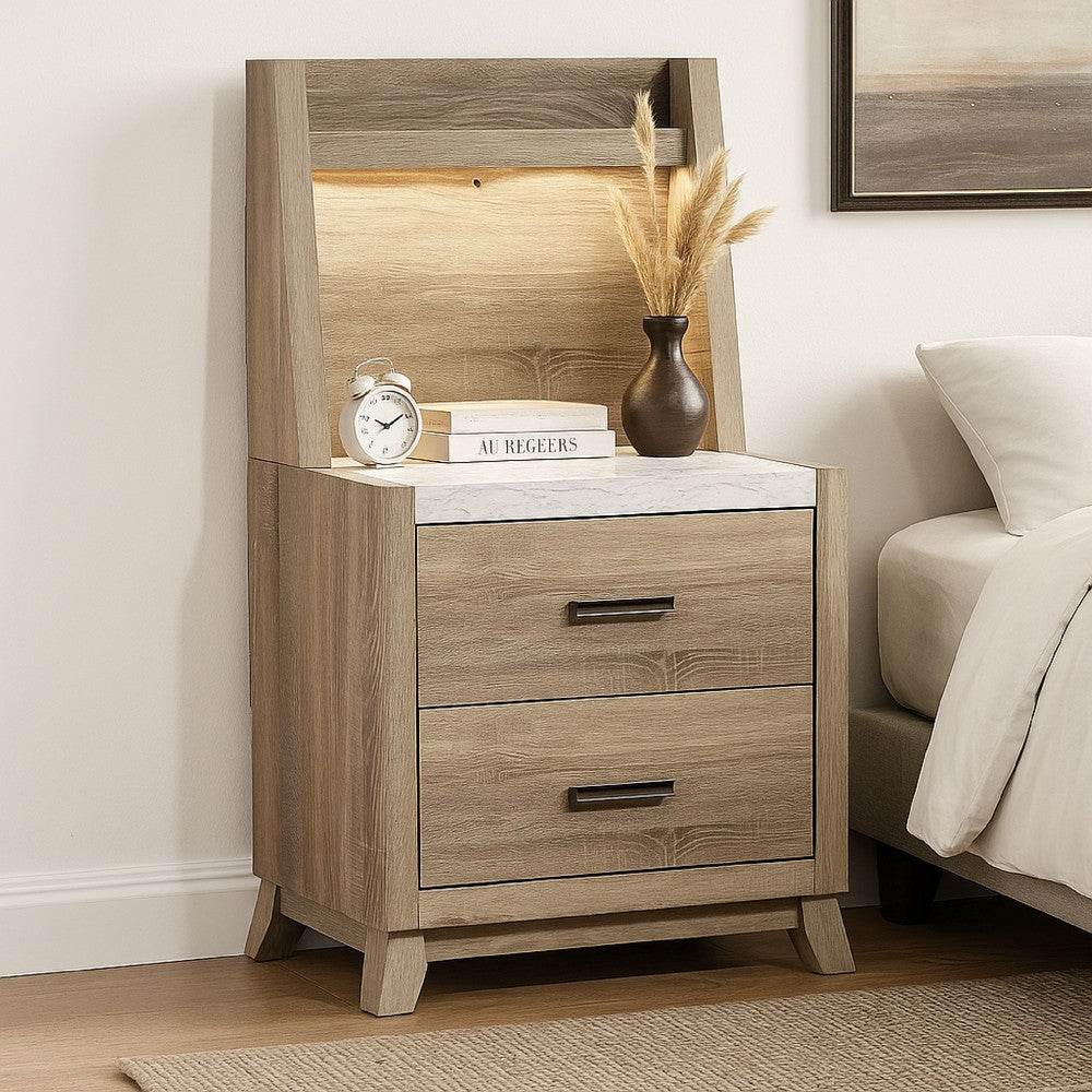 Benjara Tily Nightstand w Wall Panel, 2 Drawers, White Faux Stone Top, Brown