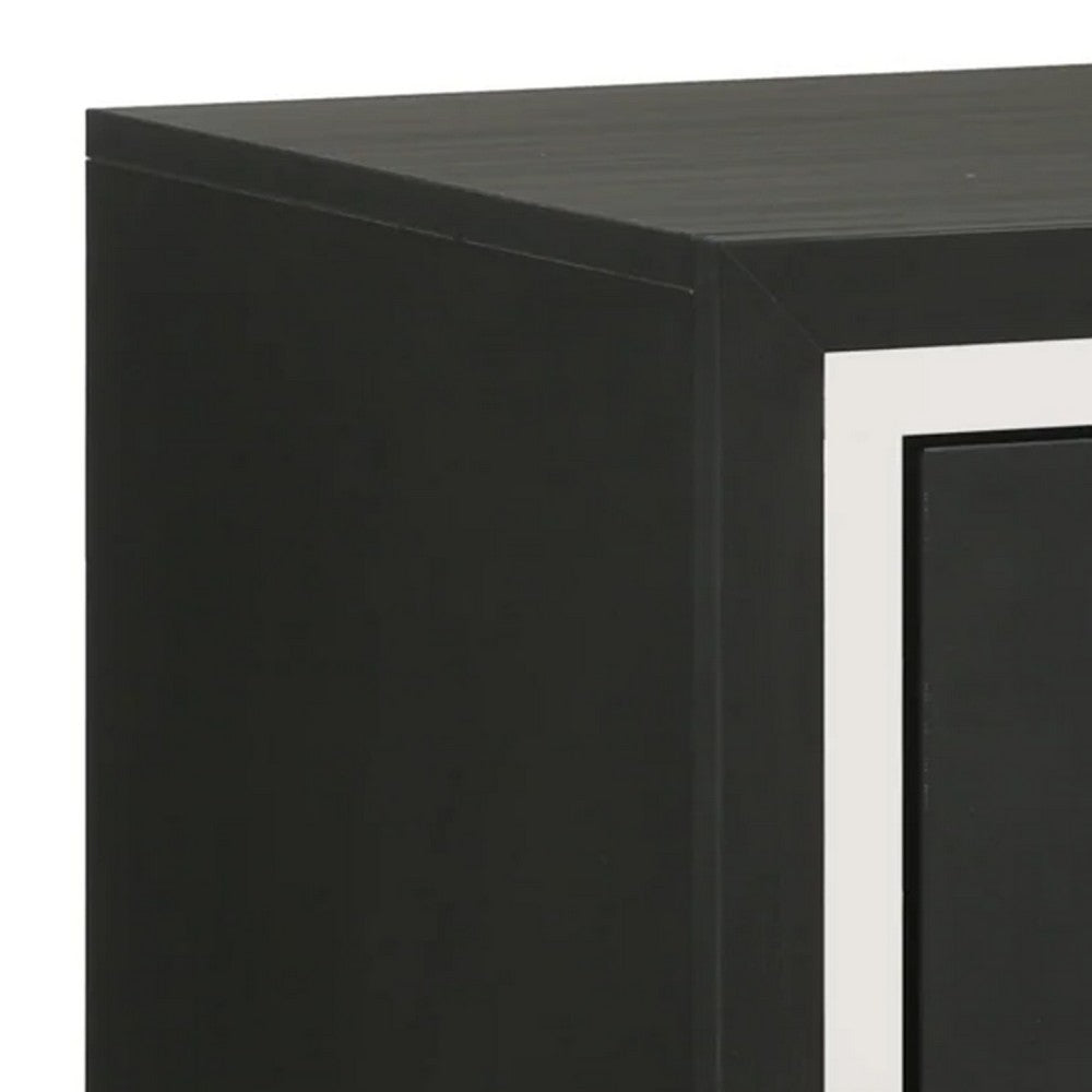 Benjara Geny Nightstand, 2 Drawers, Silver Trim And Metal Handles, Black Wood