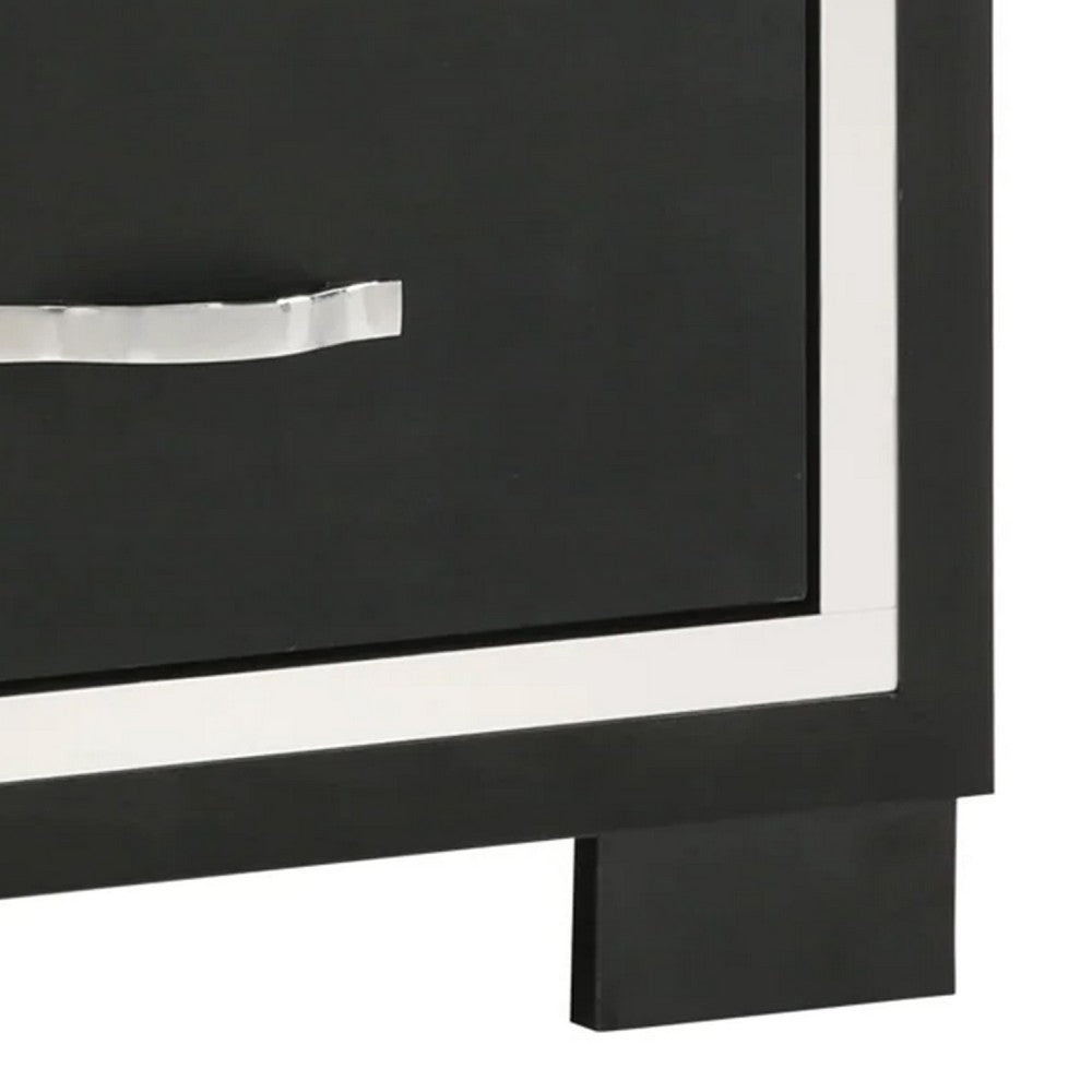 Benjara Geny Nightstand, 2 Drawers, Silver Trim And Metal Handles, Black Wood