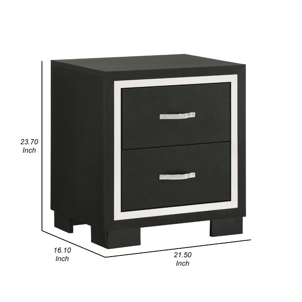 Benjara Geny Nightstand, 2 Drawers, Silver Trim And Metal Handles, Black Wood