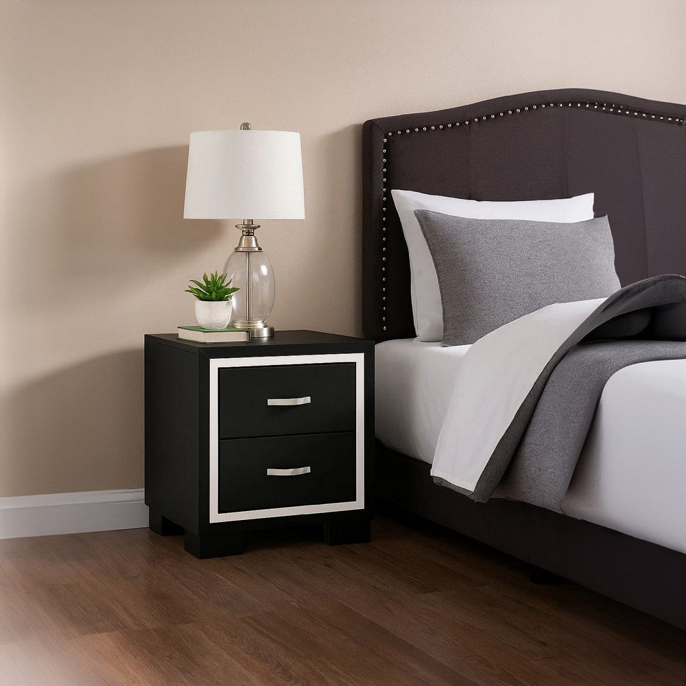 Benjara Geny Nightstand, 2 Drawers, Silver Trim And Metal Handles, Black Wood