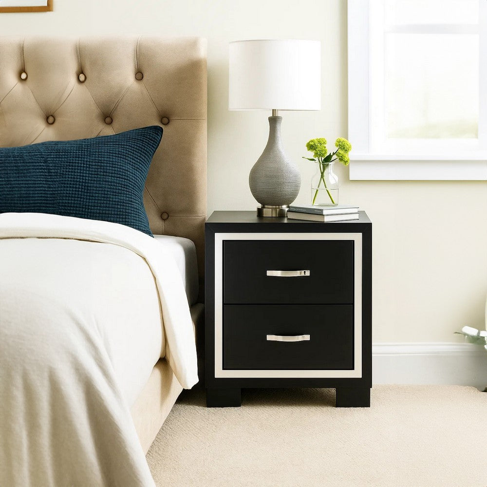 Benjara Geny Nightstand, 2 Drawers, Silver Trim And Metal Handles, Black Wood
