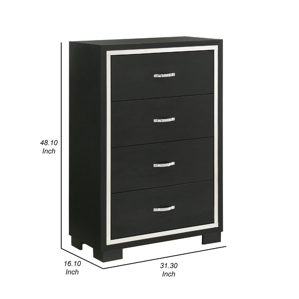Benjara Geny Tall Dresser Chest, 4 Drawers, Silver Trim And Metal Handles, Black