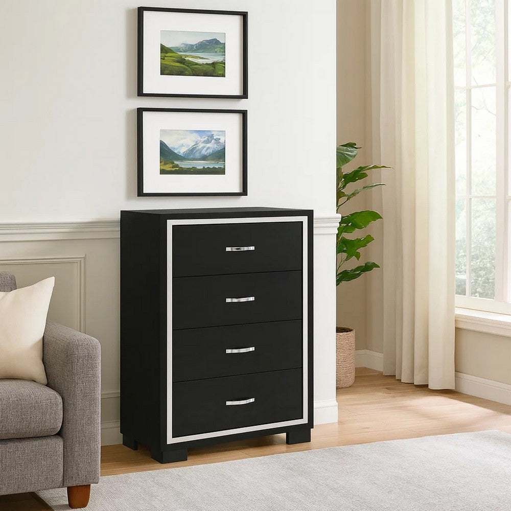 Benjara Geny Tall Dresser Chest, 4 Drawers, Silver Trim And Metal Handles, Black