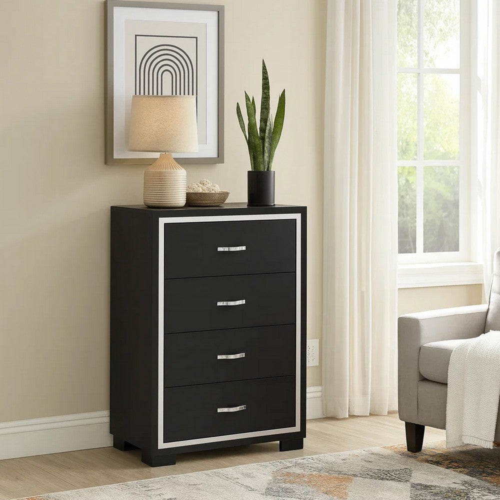 Benjara Geny Tall Dresser Chest, 4 Drawers, Silver Trim And Metal Handles, Black