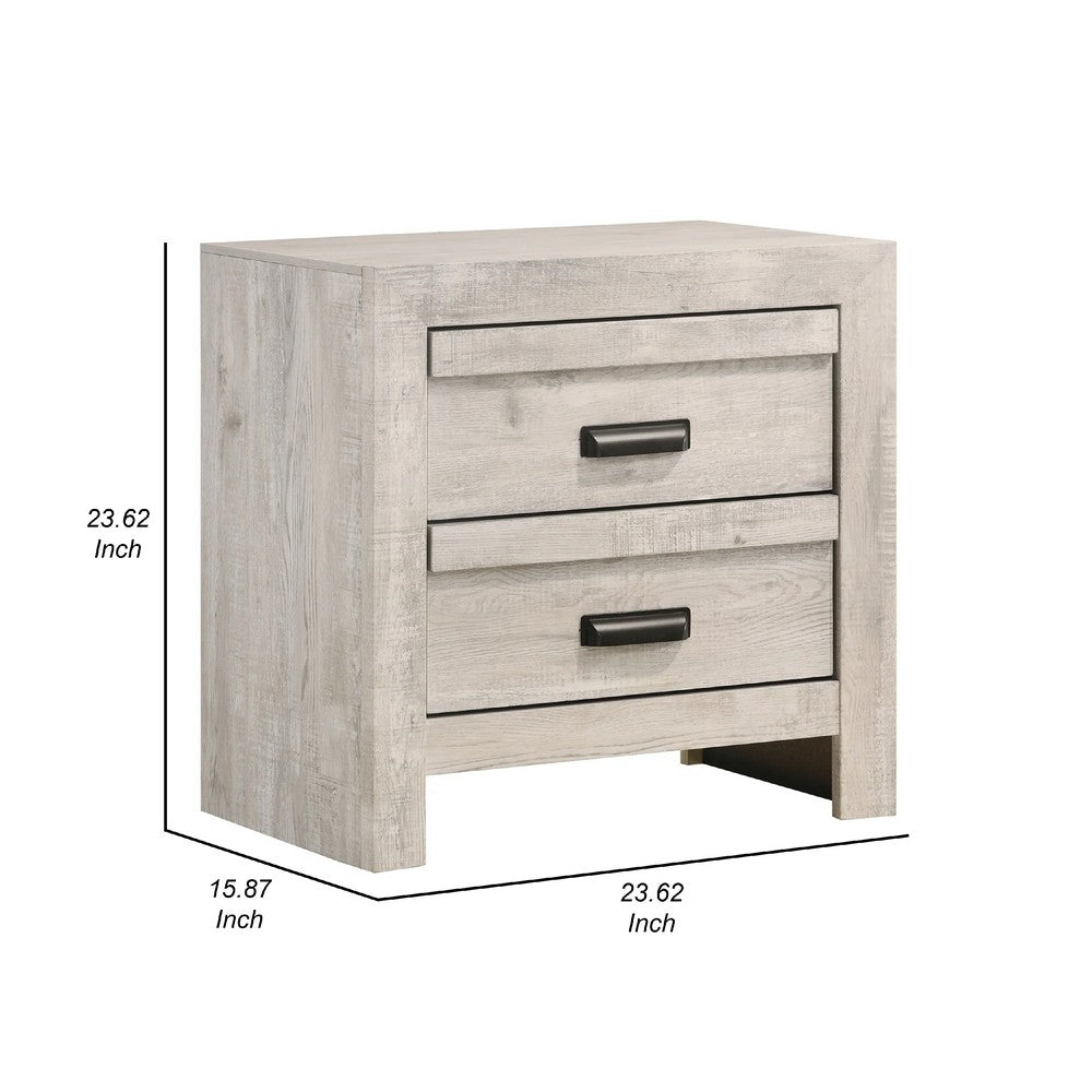 Benjara Velz Nightstand, 2 Drawers, Metal Finger Pull Handles, Weathered Beige