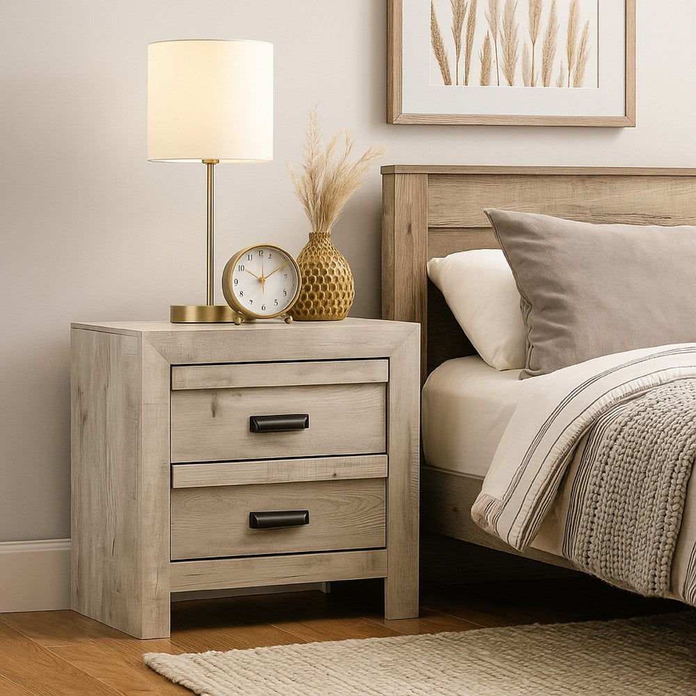 Benjara Velz Nightstand, 2 Drawers, Metal Finger Pull Handles, Weathered Beige
