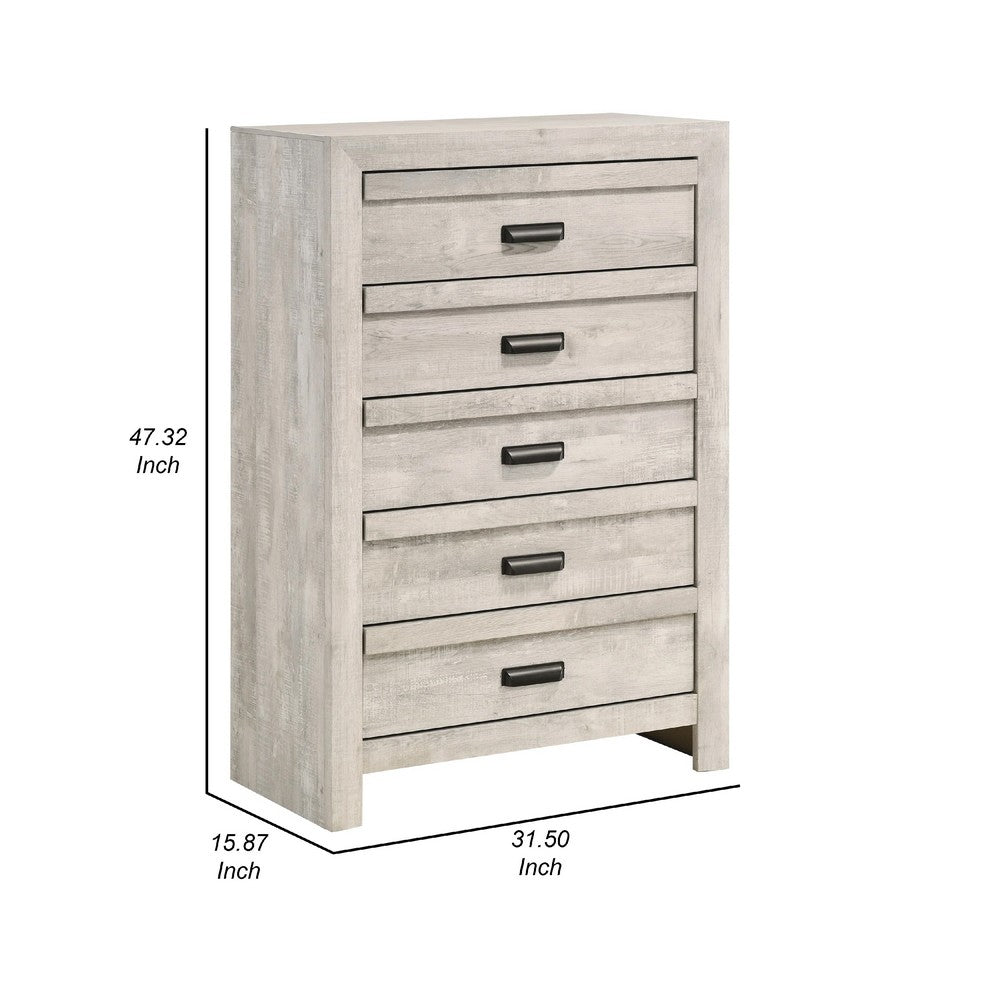 Benjara Velz Tall Dresser Chest, 5 Drawers, Finger Pull Handles, Weathered Beige