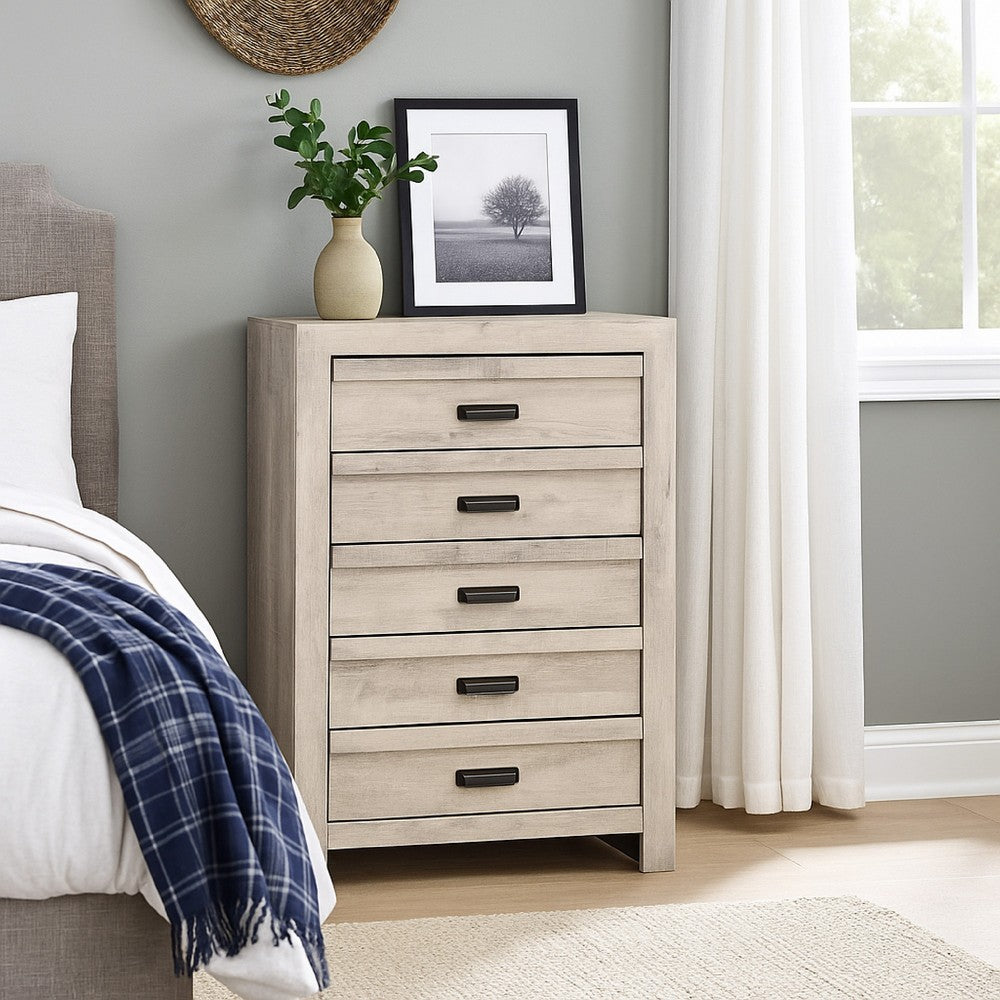 Benjara Velz Tall Dresser Chest, 5 Drawers, Finger Pull Handles, Weathered Beige