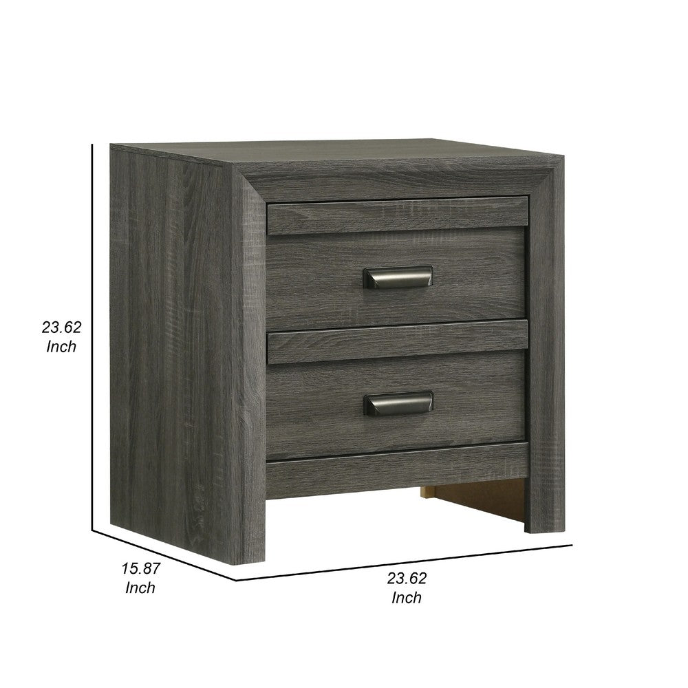 Benjara Velz Nightstand, 2 Drawers, Metal Finger Pull Handles, Dark Gray Wood