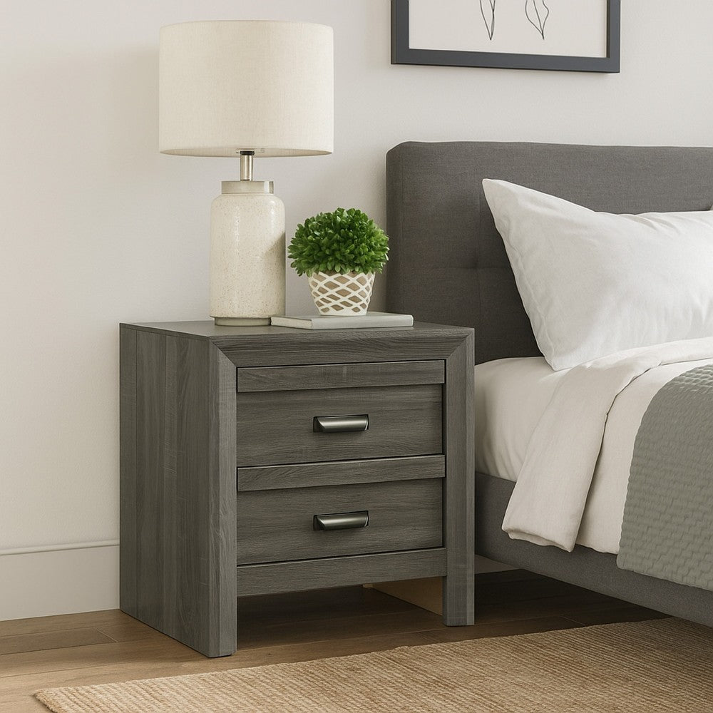 Benjara Velz Nightstand, 2 Drawers, Metal Finger Pull Handles, Dark Gray Wood